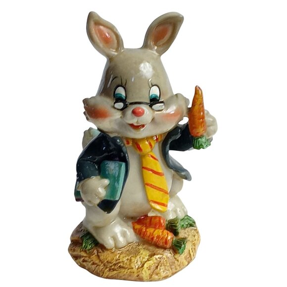Whimsical Easter Bunny Rabbit Figurine 5" Gray Cheerful Adorable Festive Resin - Picture 1 of 9